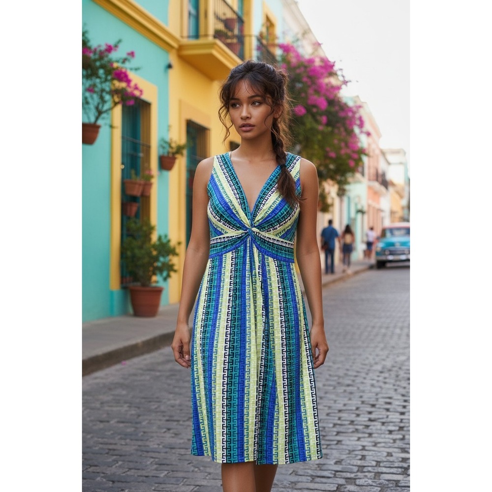 Laundry by Shelli Segal‎ Blue Green Geometric Twist Front Dress Size 8 EUC